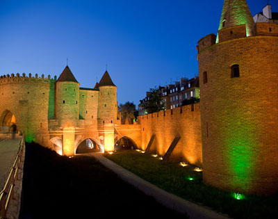 Night shot of the Barbakan in Warsaw