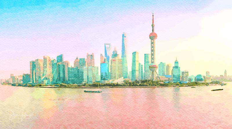 Water color of skyline of the city of Shanghai at sunset