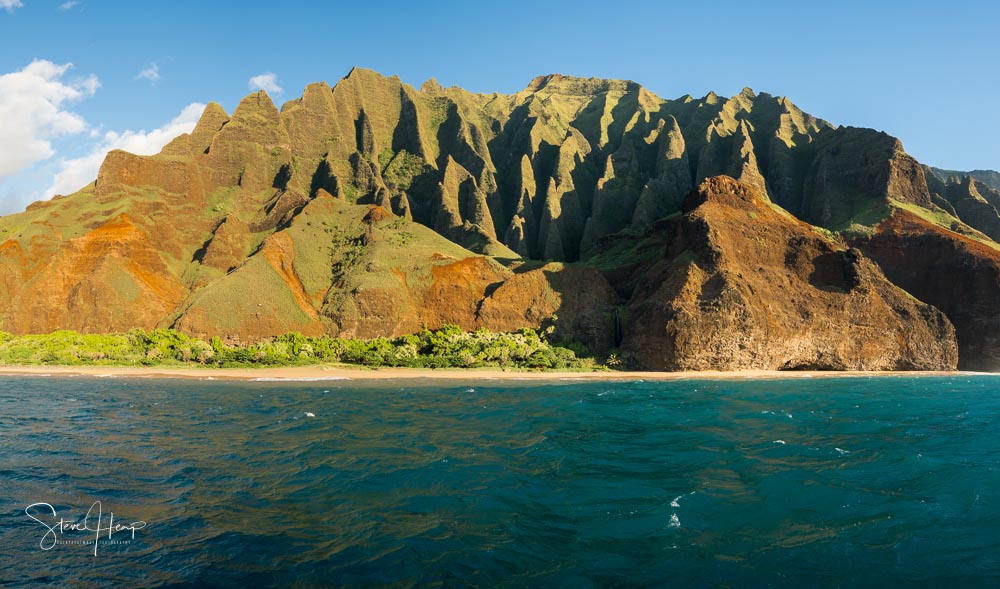 Na Pali coast of Kauai from sunset boat tour leaving Hanalei