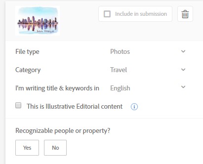Adobe stock contributor upload page showing the Illustrative Editorial check box